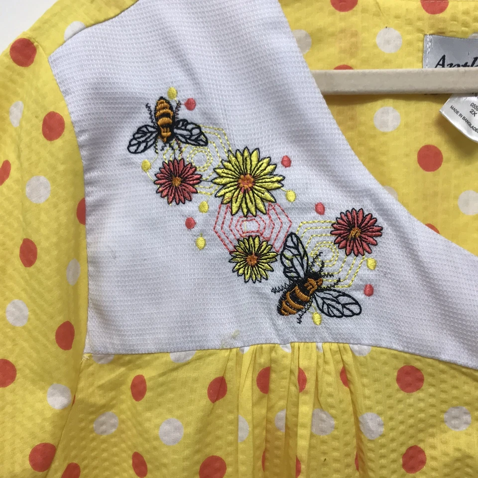 VTG Anthony Richards Embroidered Bumblebee House Dress Muumuu Yellow Dot Sz 2X - Image 4 of 4