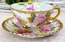 SHAFFORD Hand-Painted Tea Cup  Saucer Lusterware Gold Trim Floral PINKS Roses