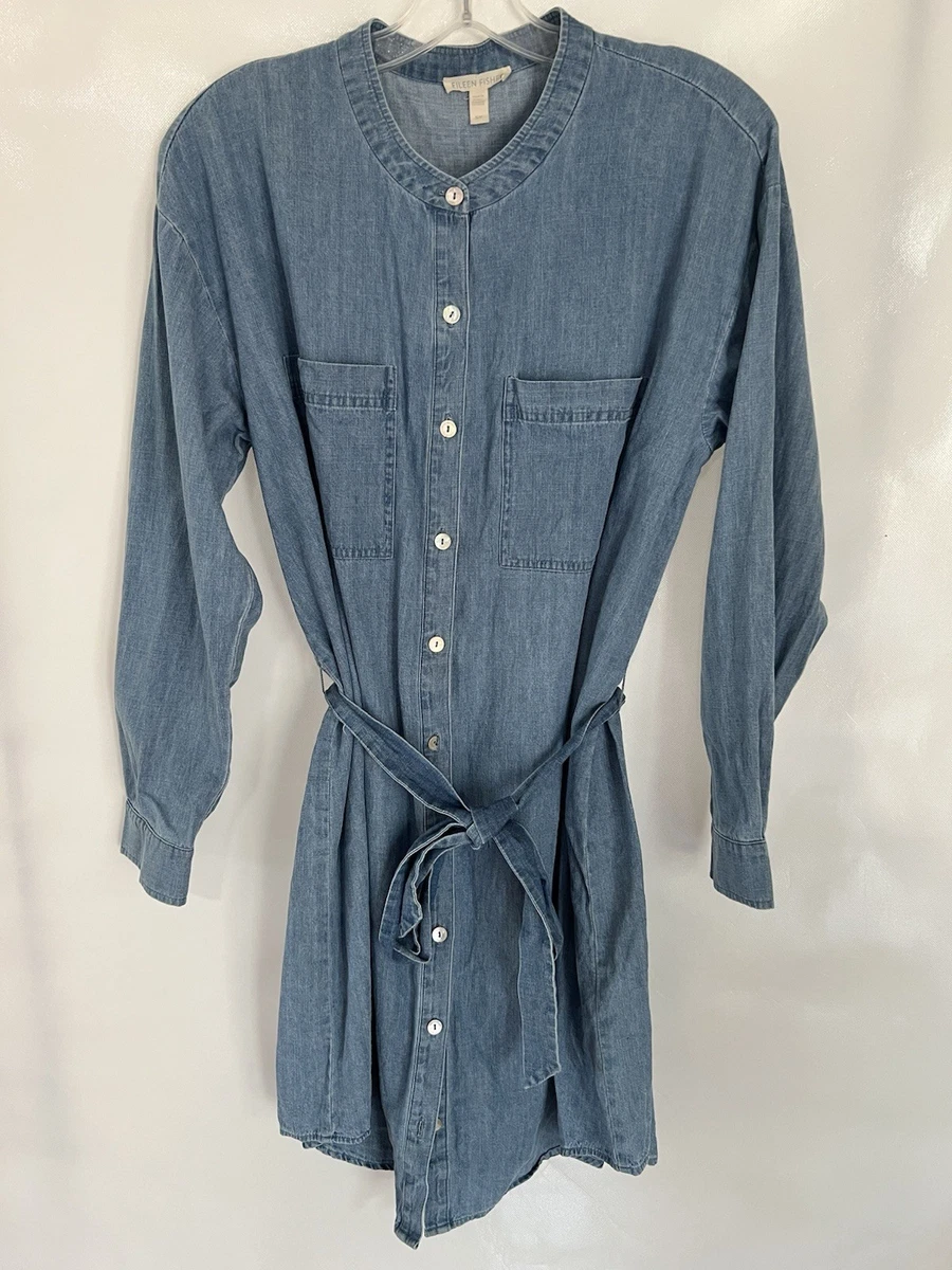 eileen fisher denim shirt dress NWT Eileen Fisher Organic Cotton Drapey Denim Mandarin Collar Dress Size XS $208