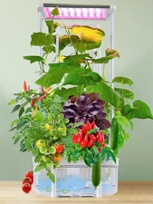 Hydroponic growing system kit, with stand and LED plant growth light.
