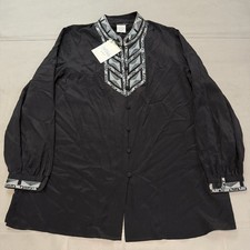 New Bob Mackie Wearable Art Black 100 Silk Embroider Tunic Blouse Top-L-5847