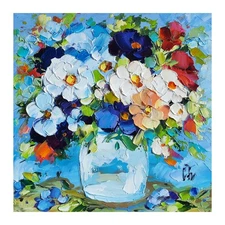 original oil painting Colorful Wildflowers Daisy Vase Floral Impasto art 6*6 in