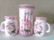 Shabby Chic Victorian~SUGAR/SALT/PEPPER Set~PINK w/Rose Design~OOAK