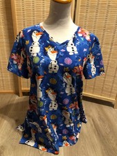 Scrubs Scrub Top Cartoon Disney Frozen II 2 Olaf Snowman Large L Blue H307 