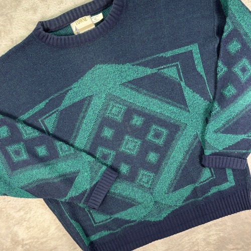 London Fog, Towne by London Fog Men's XL Geometric Knit Sweater Green Navy Vintage USA