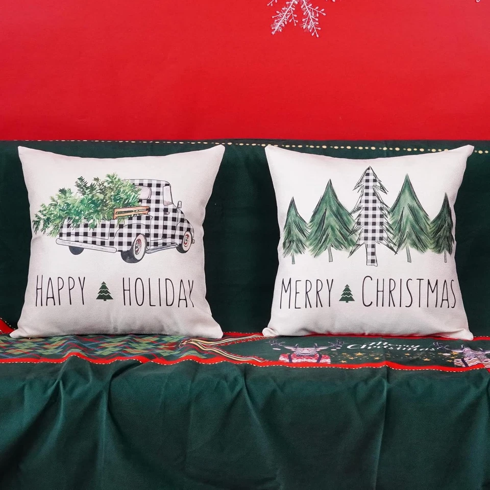 Merry Christmas Buffalo Plaid Truck Trees Pillow Covers 18X18 Set of 2 Seasonal - Image 2 of 4