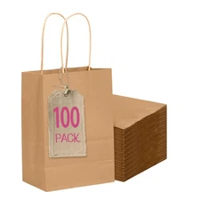 100-Packs Brown Paper Gift Bags with Handles Bulk 4.5"×2.5"×6" Mini Size Gift...