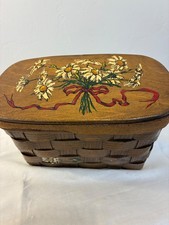 VTG Caro-Nan Casual Colony wood woven basket purse with daisy motif