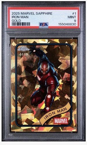 IRON MAN 2025 TOPPS CHROME MARVEL SAPPHIRE GOLD REF #/50 PSA 9 MINT #1
