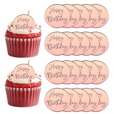 20Pcs Acrylic Mirror Happy Birthday Cupcake Toppers Round Shapes, 002-Rose Gold
