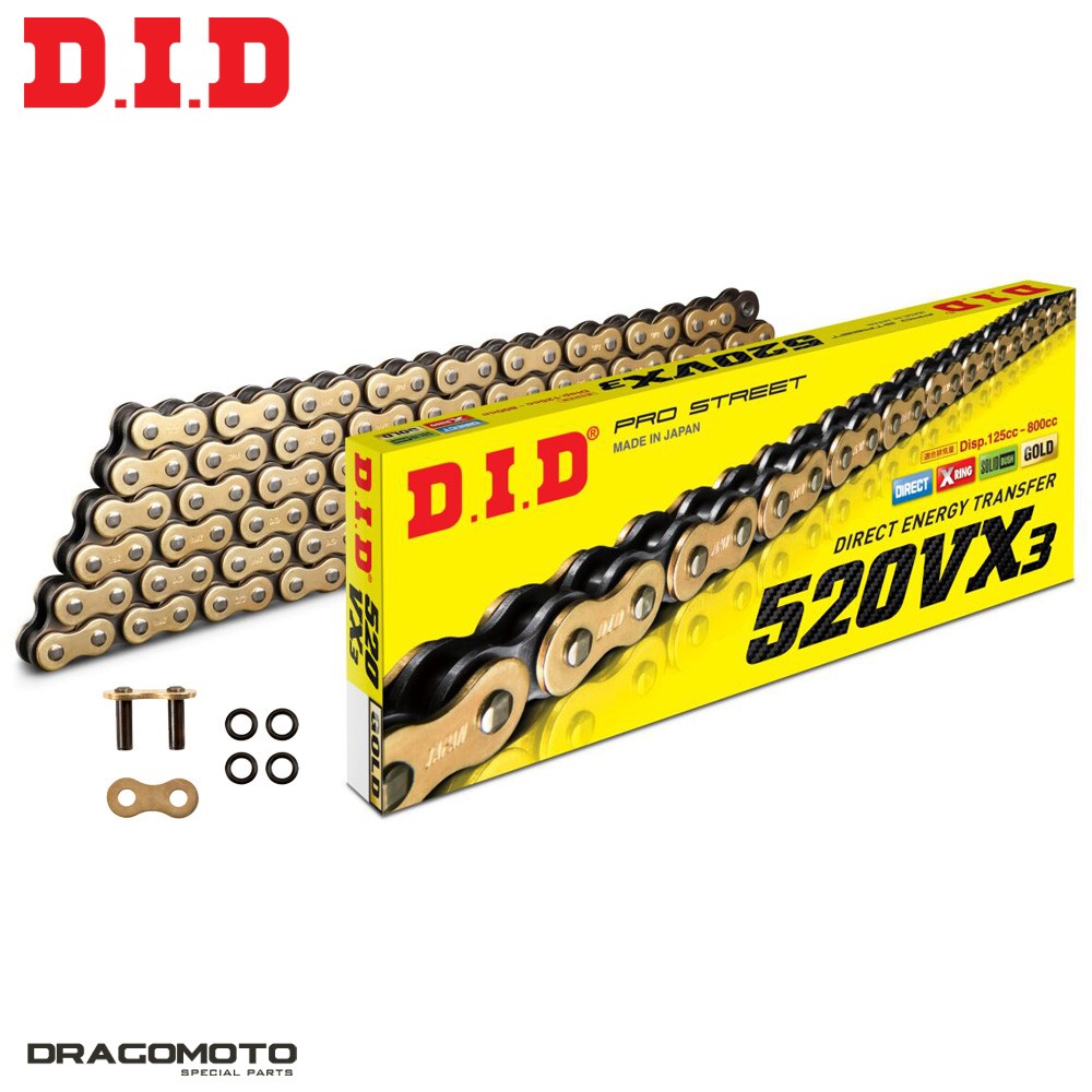 Chaîne DID 520VX3 Or 108 maillons haute résistance avec rivet pour moto de cylindrée moyenne