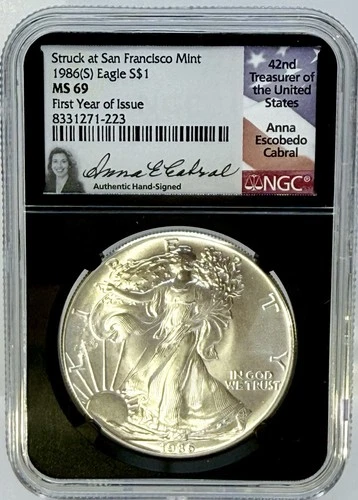 CABRAL SIGNED 1986(S) Eagle S$1 FYOI at San Fran Mint NGC MS69 NGC PG $4,000