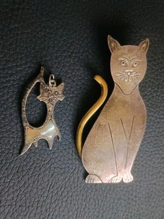 Vintage Sterling Silver Mexico Taxco Kitty Cat Brooch Pin & Pendant Lot X2
