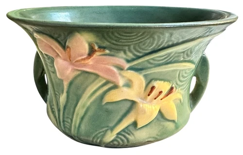 ROSEVILLE 470-5 ZEPHYR LILY GREEN DOUBLE HANDLED VASE PLANTER