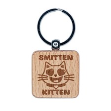 Smitten Kitten Love Anniversary Valentine's Day Engraved Wood Square Keychain