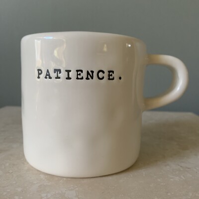 RARE Older RAE DUNN by Magenta PATIENCE . Mug Cream Black Type HTF PERFECT LUMPY