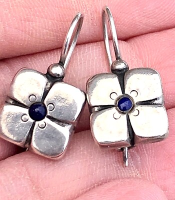 Vtg Shablool Didae Flower Lapis Sterling Silver Dangle Earrings- Daisy 6.3g