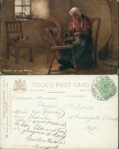 Granny At Her Wheel 1907 Markinch SOTN Cancel Tucks Oilette Scottish Life 9343 - Picture 1 of 2