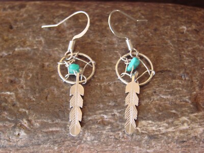 Navajo Sterling Silver Turquoise Dreamcatcher Dangle Feather Earrings by Arviso