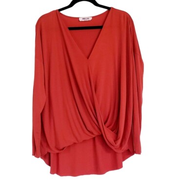 Double Zero blouse size Large v neck draped cross over rust orange long sleeve
