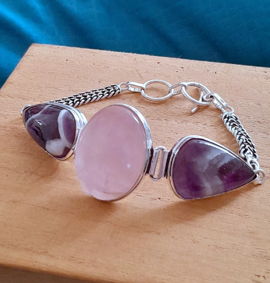 BRACCIALE DONNA ARGENTO MASSICCIO 925, AMETISTA E QUARZO ROSA NATURALI CABOCHON - Immagine 2 di 4