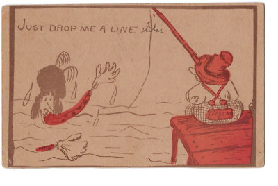 Just Drop Me a Line Comic Fishing Postcard, Franklin 300 stamp Flag Cancel 1907