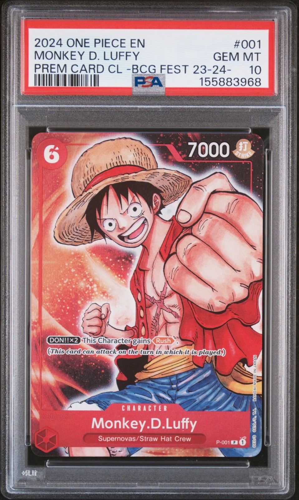 2024 One Piece EN Prem Card CL BCG Fest 23-24 Monkey D Luffy 001 PSA 10 GEM MINT