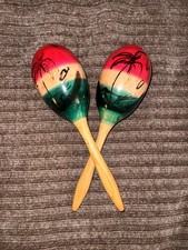 Wood Maraca Pair, Hand Painted Palm Tree Design, Red Green Beige, Set of 2