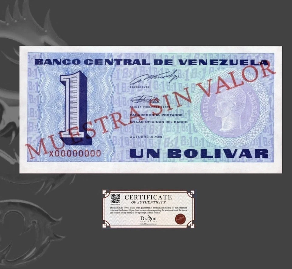 Venezuela 1 Bolivar 1989 Pick 68.s UNC Emergency Note Specimen *Tinoquito* NEW - Image 3 of 4