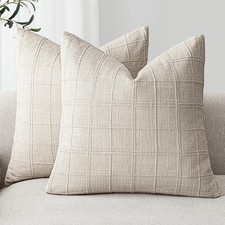 Set of 2 Decorative Linen Check Throw Pillow Covers Neutral Farmhouse Vintage...