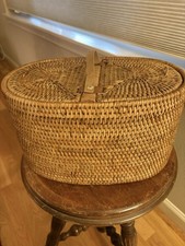 Wicker Rattan Oval Basket w/ Hinged Lid Leather Handle Boho Storage