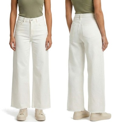 Damen Wide Leg Jeans High Waist mit Fransen Palazzo Hose in Offwhite Weite Hose