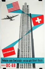 Vintage 1962 SWISSAIR DC-6B Swiss Mid-Century 40x25 USA Travel Poster FREE SHIP