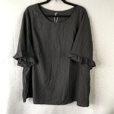 FeminineTop Womens 4XL Gray Stripe Ruffle Bell Sleeve Plus Capsule Whimsigoth