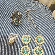Western Concho Silver Tone Turquoise Mixed Lot Necklace Bracelet Ring 3pc