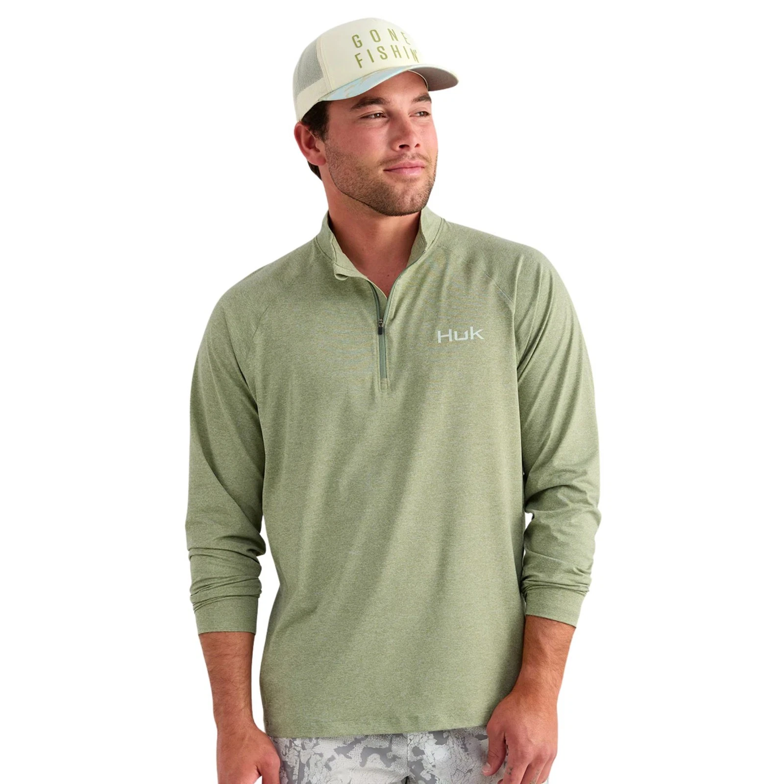 Huk Airweight Heather 1/4 Zip Men's Tech Shirt, Seagrass Heather, Small