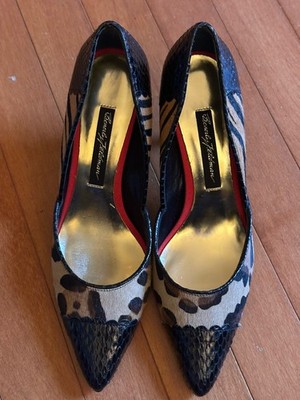 Beverly Feldman Leopard Print Heels with Black Accents
