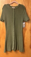 French Connection Womens Green Ribbed Knit Sweater Dress Button Front L PTP 16.5