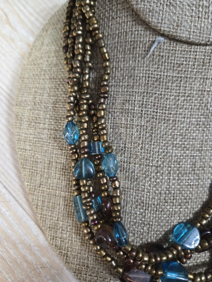 Collar Boho Multi Hilo Cuentas Bronce Semilla Cuentas Azul Teal Ámbar Cuentas Vidrio Foto 2 de 4