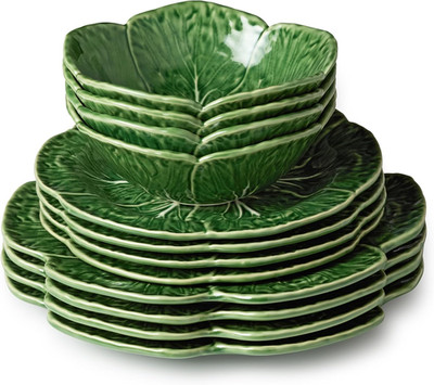 Le Jardin Green Cabbage Plates 12-Piece SET, SERVICE for 4   Green Stoneware Pla