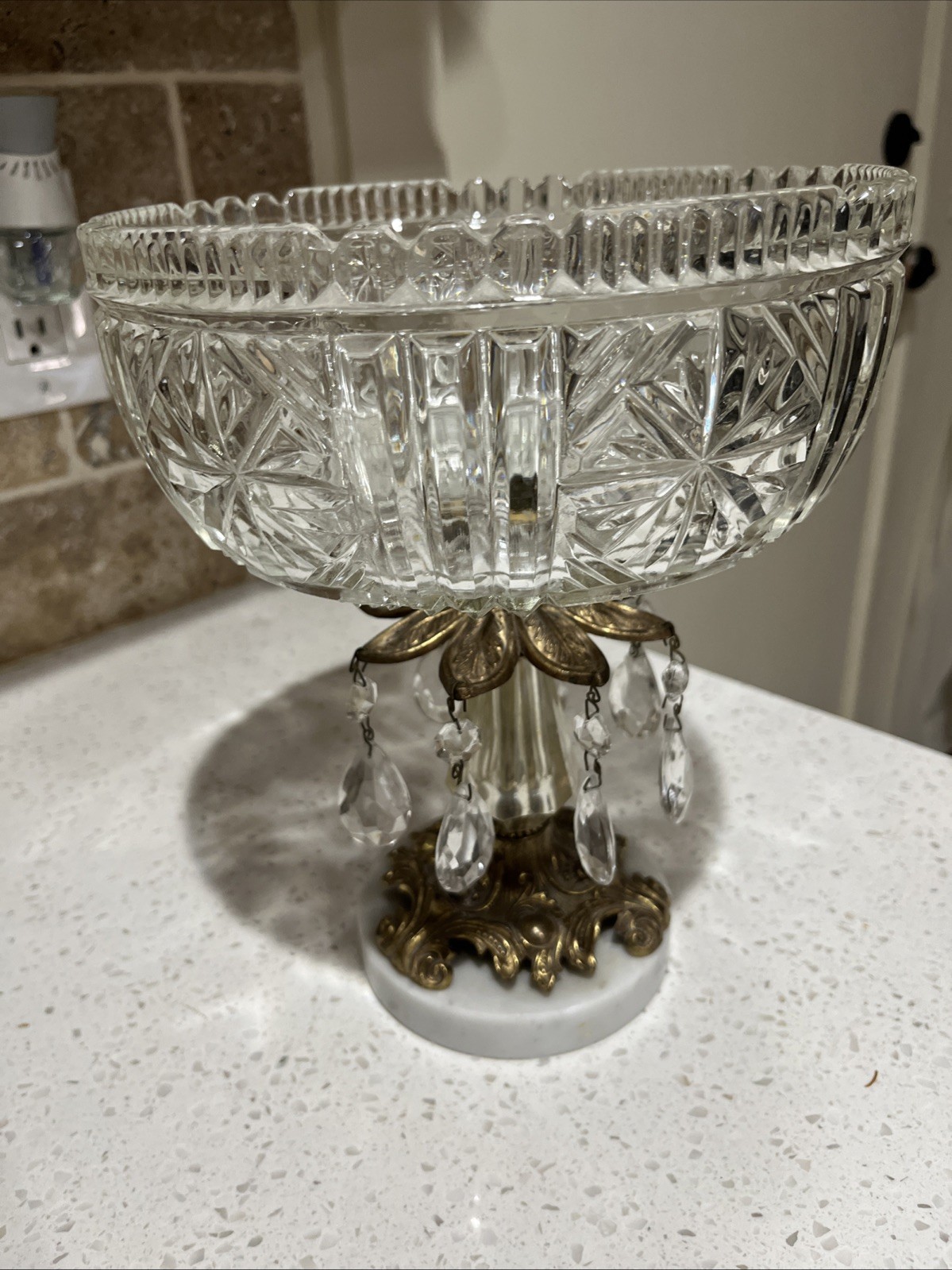 Vintage Cut Crystal Pedestal Bowl with Marble Base Compote