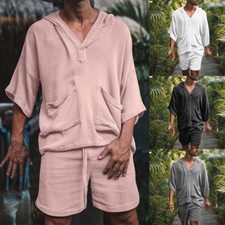 2pc Men Outfit Set Summer Cotton Linen Casual Set Short Sleeve Shirt Shorts Pant