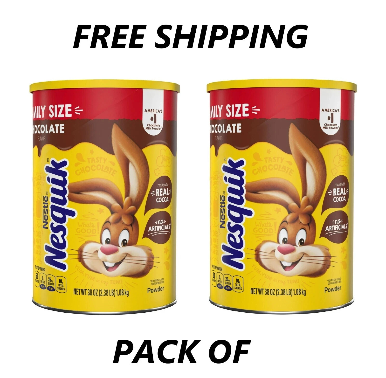 2 PACK - Nestle Nesquik Chocolate Flavor Powder Stir In Drink Mix Canister, 38oz