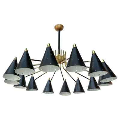 Large Mid Century Style Brass Chandelier Black Shades Italian Stilnovo Lamp Desc