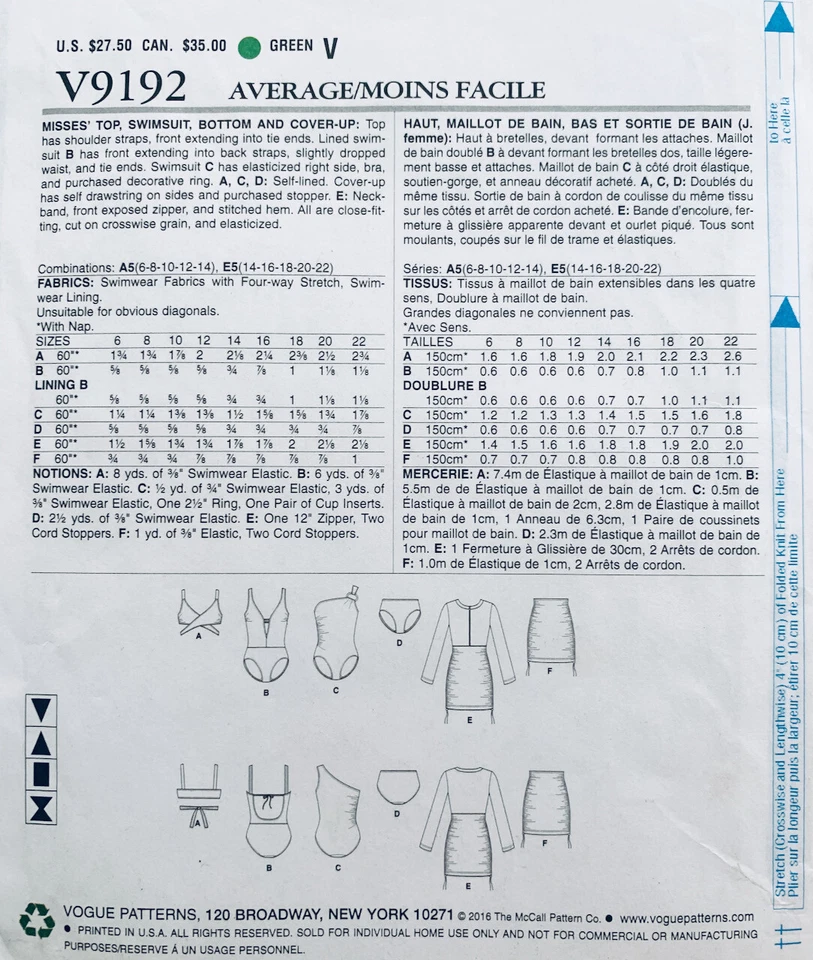 Vogue Pattern V9192 | Misses Swimsuit, Skirt, Bikini & Cover-up  Sizes 14 - 20  - Image 3 of 3