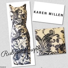 Karen Millen Cream/black Floral 50s Bardot Pencil Sheath Retro Party dress UK 12