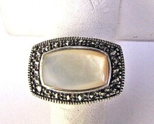 Ring Moonstone Marcasite Vintage Sterling Silver Wide Solitaire Size 7 Band