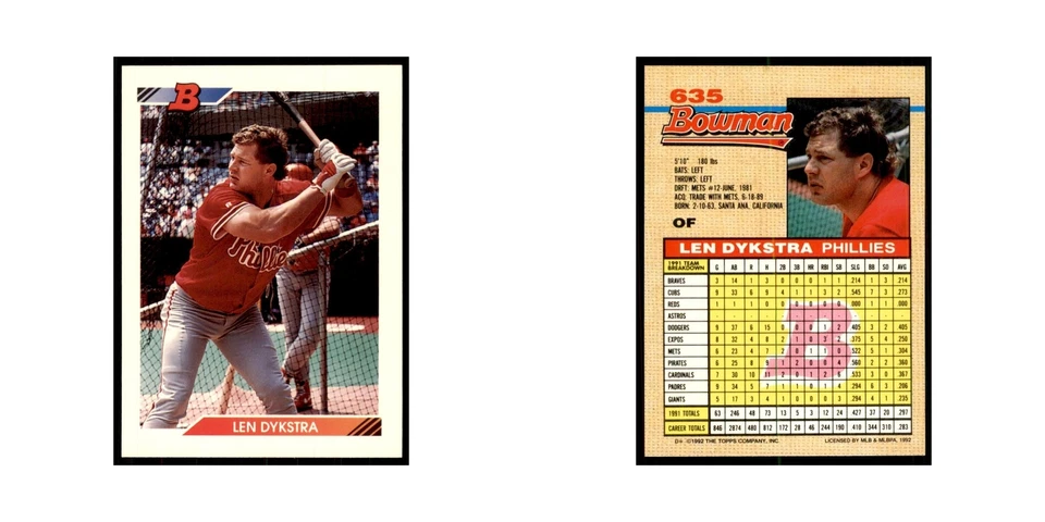 1992 Bowman Lenny Dykstra Baseball Cards #635 - Image 3 of 3