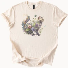 Floral Cat Tee Botanical Kitten Shirt Garden Feline Gift