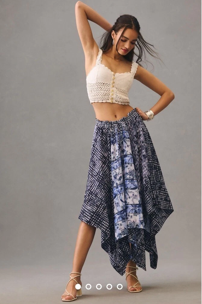 Anthropologie Pilcro Asymmetrical Linen Drawstring Skirt Floral Blue Motif S NEW